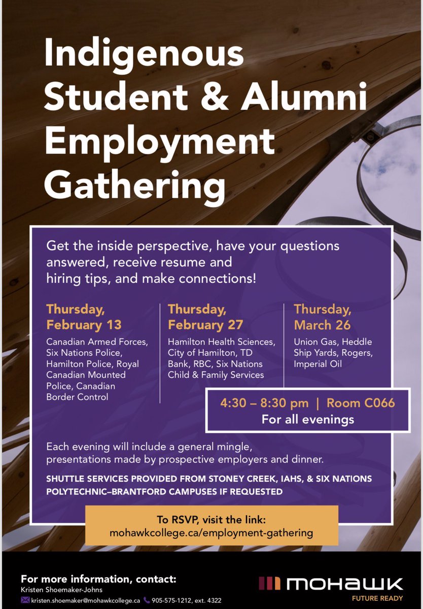 mohawk_iess's tweet photo. Just a reminder that our first Employment Gathering is tonight! We have some spots available for students to drop by - if you can’t make it tonight, we have two other great nights planned. Connect with kristen.shoemaker@mohawkcoklege.ca if you have any questions. https://t.co/cJjhaCah0Z