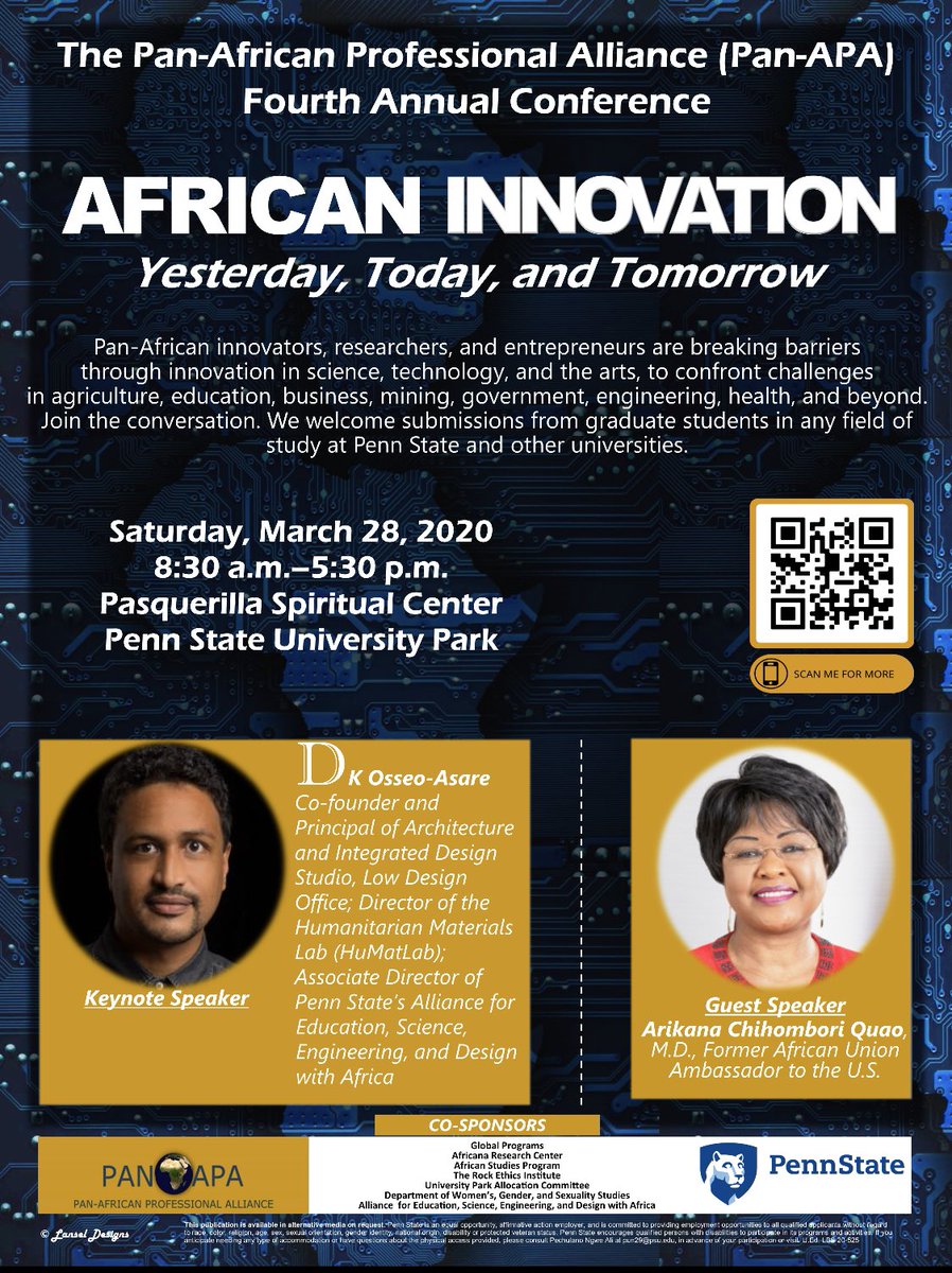 Dear friends:
Join us for an innovative and engaging conversation about leveraging #AfricanInnovation to confront challenges in Africa. Keynote: @dkoa & special guest: @AmbChihombori 
Thanks to:
@RockEthicsPSU @GlobalPennState @PennStateWGSS @upac_psu @ARCPennState @AFR_PSU