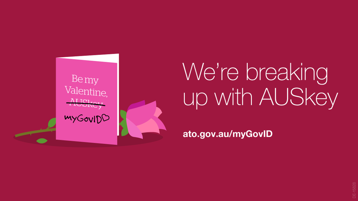 ato_gov_au's tweet photo. Dear #AUSkey,
We’ve spent over 10 years together & had our share of ups & downs... but this #ValentinesDay2020 we need to talk.
I’ve found someone else & it’s time to move on – to myGovID 💓
xoxo – ATO
See what the fuss is about: https://t.co/KuCcK0SLgS https://t.co/ryMRtrGFdp