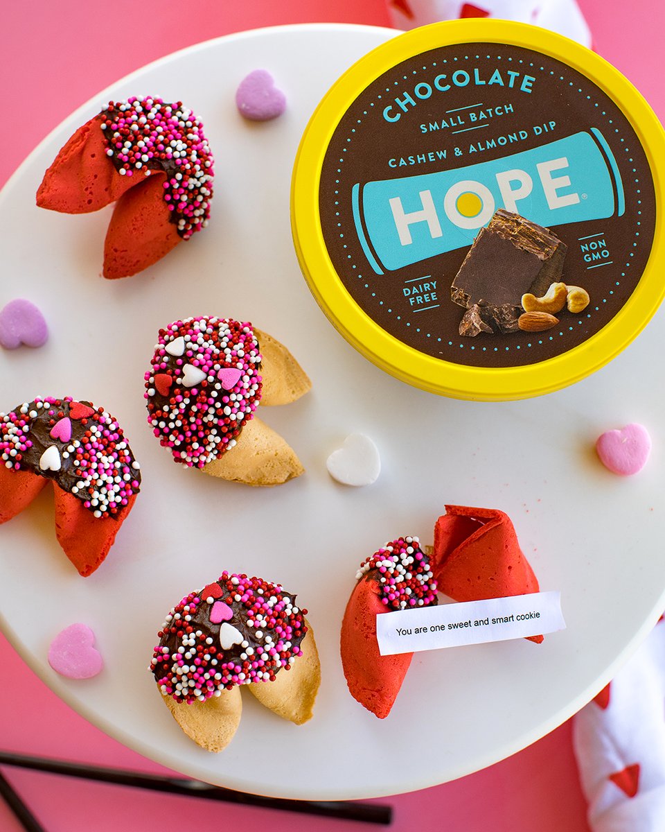 💕Ready for your fortune?  Lucky you!! "U are one sweet and smart cookie!" We also predict a whole new world of dipping, snacking, spreading, and loving with our new line up of sweet and savory Cashew &amp; Almond Dips - Have you tried the chocolate yet? #HappyValentinesDay