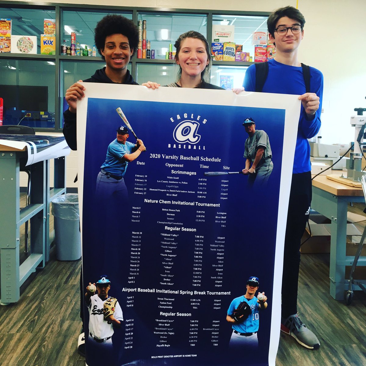 These 3 worked as a team to get these schedule banners designed for @Airport_Eagles Baseball. Talk about team work on and off the field! Have a great season boys!!