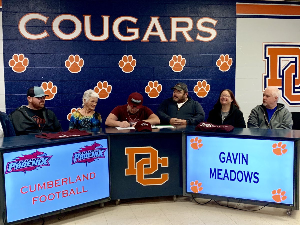 Congratulations to <a href="/DCcougarnation/">Dickson County High School</a> football’s <a href="/GavinFosterMea2/">Gavin Meadows 🌟</a> for signing today with Cumberland University!

Gavin marks the fifth Dickson County athlete today to sign to play at the next level.