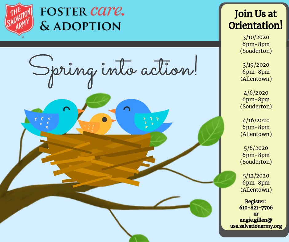 SAchildrensserv's tweet photo. Join us at one of our upcoming Orientations!  Call 610-821-7706 or email angie.gillen@use.salvationarmy.org to register! https://t.co/HsGKagqQxH