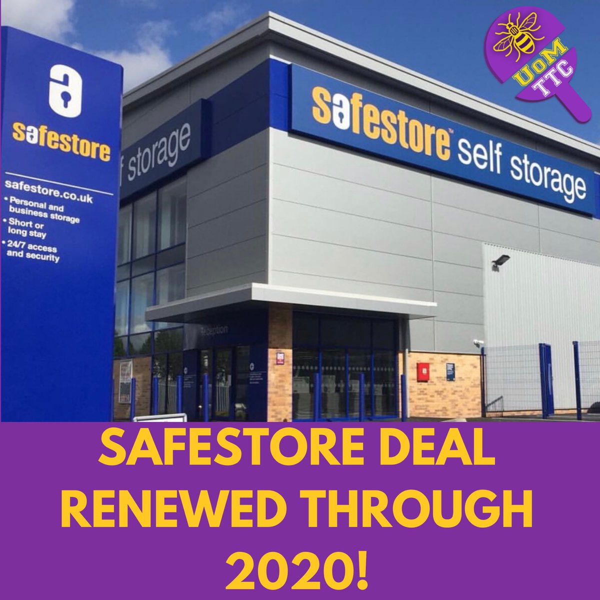 We are proud to be continuing our partnership with Safestore. They provide a great option to Manchester students for their storage requirements.

For all your storage needs visit:

safestore.co.uk/self-storage/m…