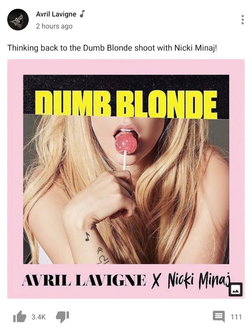 LBSRevolution's tweet photo. Avril Lavigne postou a capa de Dumb Blonde em seu canal do YouTube, relembrando sua parceria com Nicki Minaj, que completa 1 ano hoje! 💖 https://t.co/cUjEamBo36
