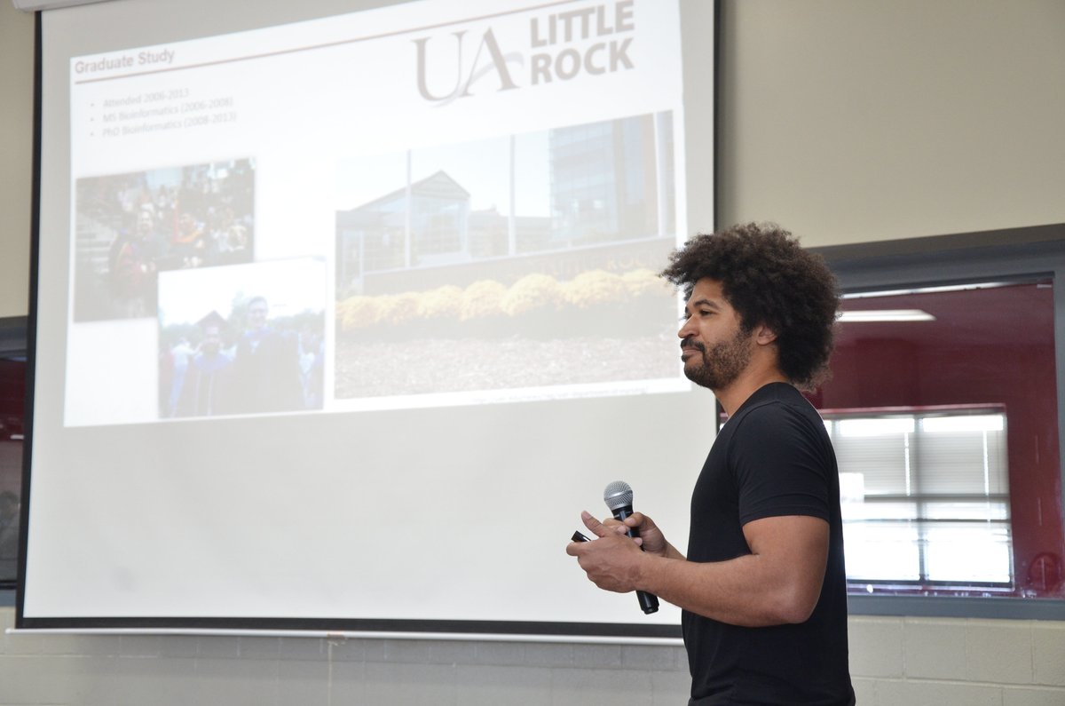 UACCM's tweet image. Students, faculty, staff, and community members gathered on campus today to hear from our guest, Dr. Michael Bauer, and learned about his cutting-edge research in myeloma. #UACCM @UAMSMyeloma