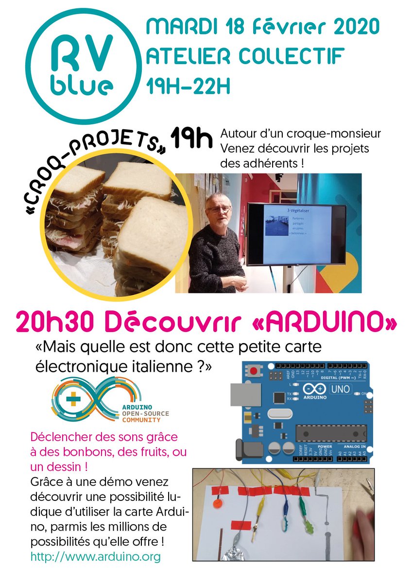BlueLab44's tweet photo. C'était sympa mardi dernier !Le "CROQ'PROJET" s'installe !!! Les adhérents racontent ce qu'ils fabriquent !
Ensuite atelier ludique: faire de la musique avec la carte Arduino !
#Atelier#Fablab#Arduino#ouvertàtous#Projets#CroqMonsieurs#échange #bluelab44 https://t.co/z1lCA9Hh61