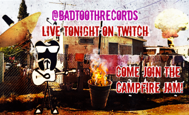 BadToothRecords's tweet photo. TONIGHT at 7pm: Bring your s'mores and gather 'round the campfire! Laughs and live loops with guitar, bass, washboard and some sangin'! Trashcan Americana, old country &amp; more live on #twitch (link in bio) #twitchmusicians #looperjam Thanks to @VaderShake for the artwork! https://t.co/ANvb61zIZK