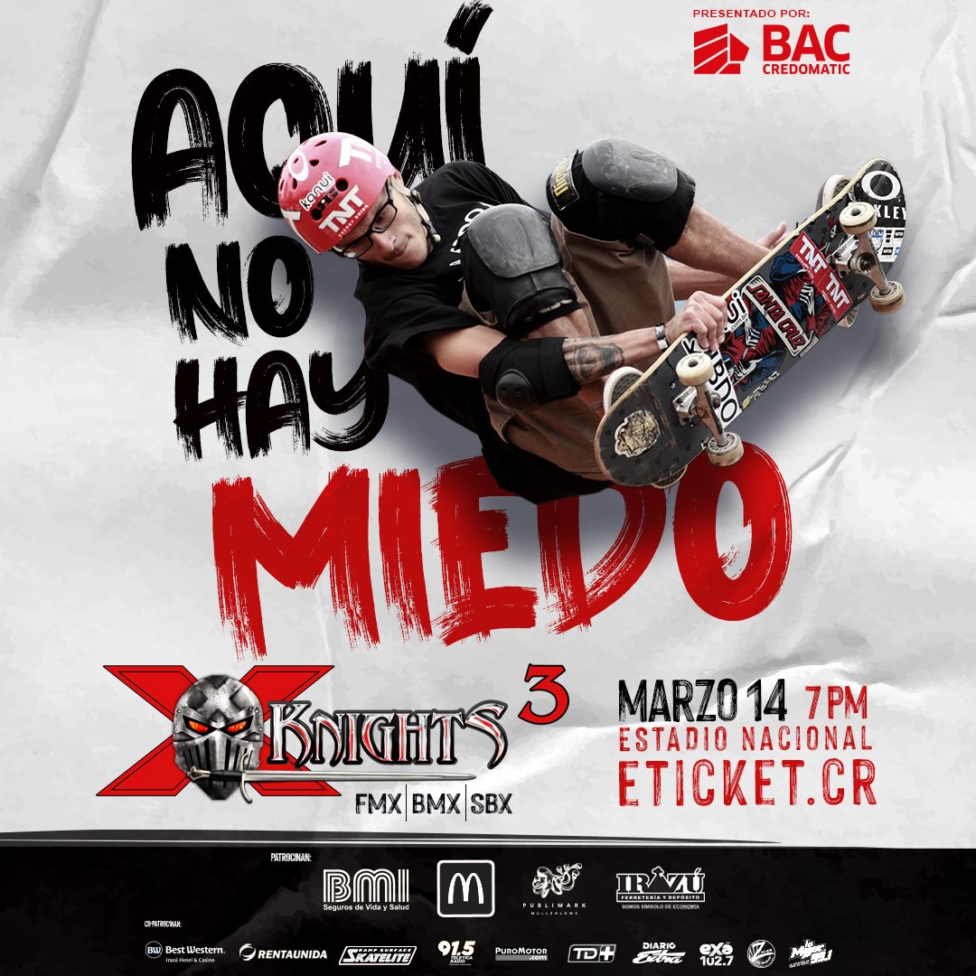 Ya solo falta un mes para la competencia más extrema de Latinoamérica.
AQUÍ NO HAY MIEDO  
Entradas en eticket.cr o puntos Servimás en todo el país y no te pierdas la batalla por ser el mejor en la edición 2020 de X-KNIGTHS.
Sábado 14 de marzo
7 pm
Estadio Nacional