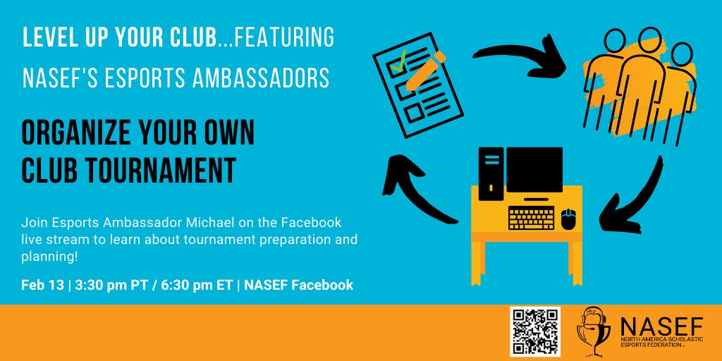 NASEF students and educators! Want to hold your own community tournaments but not sure how? 

Check out our Esports Ambassador stream today with Micheal where we'll be talking about how to plan your very own esports tournament!

TODAY at 3:30 PT/6:30 PT: facebook.com/North-America-…