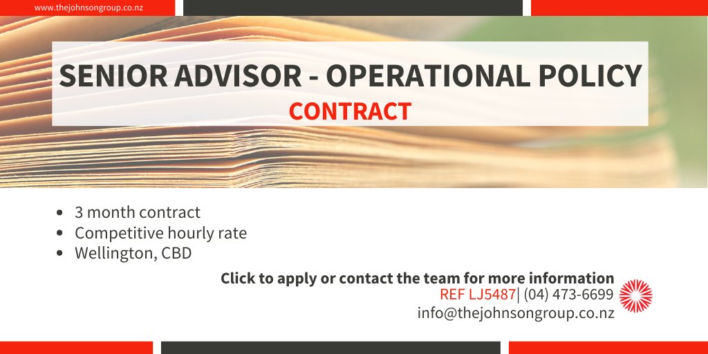 TJGRecruitment's tweet photo. 📢 SHORT-TERM CONTRACT! Our client is looking for a SENIOR ADVISOR - OPERATIONAL POLICY to support their team, covering briefings, parliamentary questions, and OIAs. Click to apply or contact (04) 473-6699 / Ref LJ5487. ➡️ https://t.co/9m0kaFhr3y
#NZ #policyjobs #PublicSector https://t.co/1i59h1CNyI