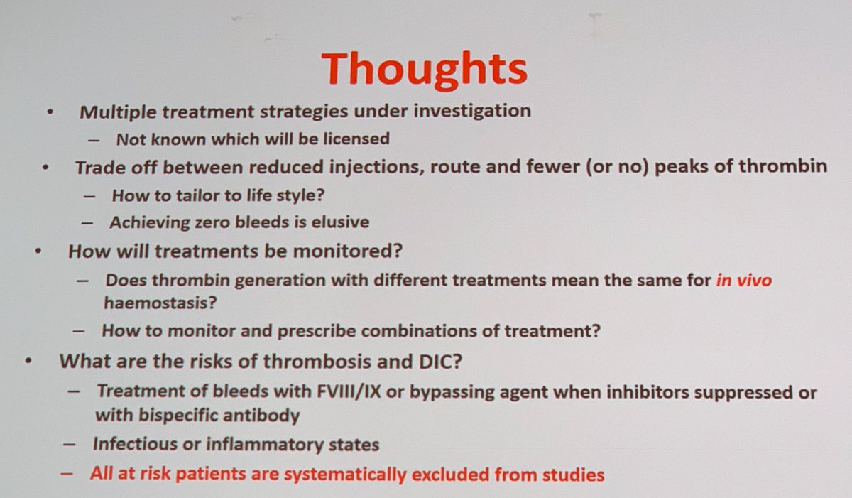 ProfMakris's tweet photo. Peter Collin's thoughts and conclusions at his excellent #EAHAD2020 lecture on future therapies for #hemophilia. I wonder how many patients realise that high risk patients are excluded from studies so the true safety can only be documented once it is used on unselected persons. https://t.co/72ARCbKuCn