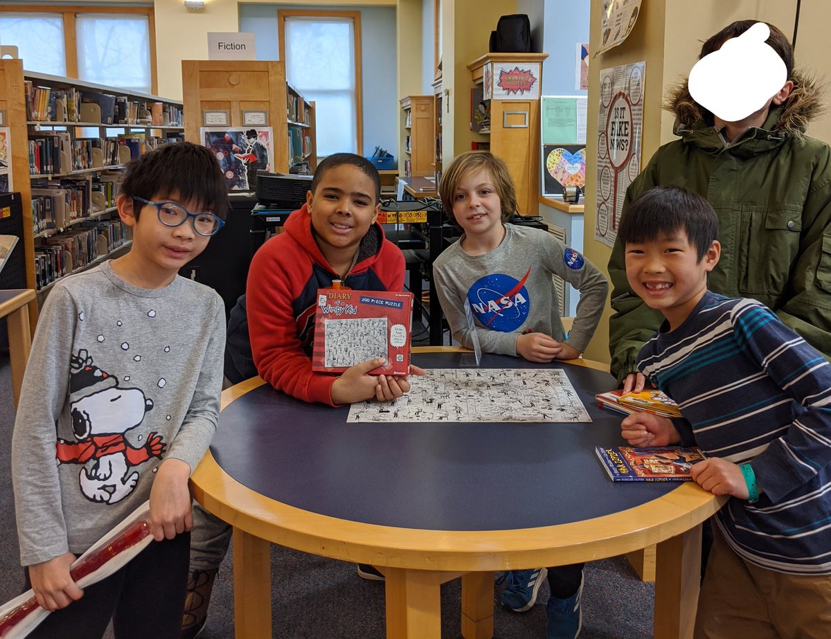 7th graders using a database to find resources for argumentive essays. 4th graders learning about searching the catalog by author, title and subject. 3rd graders after finishing a puzzle based the book series "Diary of A Wimpy Kid".