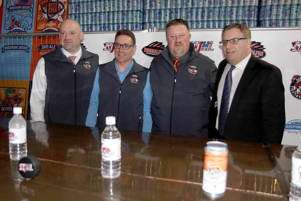 Kam River Fighting Walleye ownership (left-to-right), Kevin McCallum (GM); Colin Campbell; Derek Geddes (team president) & #SIJHL commissioner Bryan Graham. (Missing 4th owner Brad Collins) at media conference announcing franchise. Photo: @LeithDunick, tbnewswatch.com