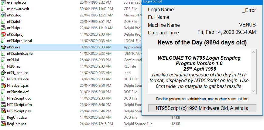 craznar's tweet image. #Delphi25th I just grabbed my oldest known practical Delphi application (a scripting/login system for Windows networks) ... compiled in Rio 10.3.3 and ran it.

News of the day is a little out of date :)