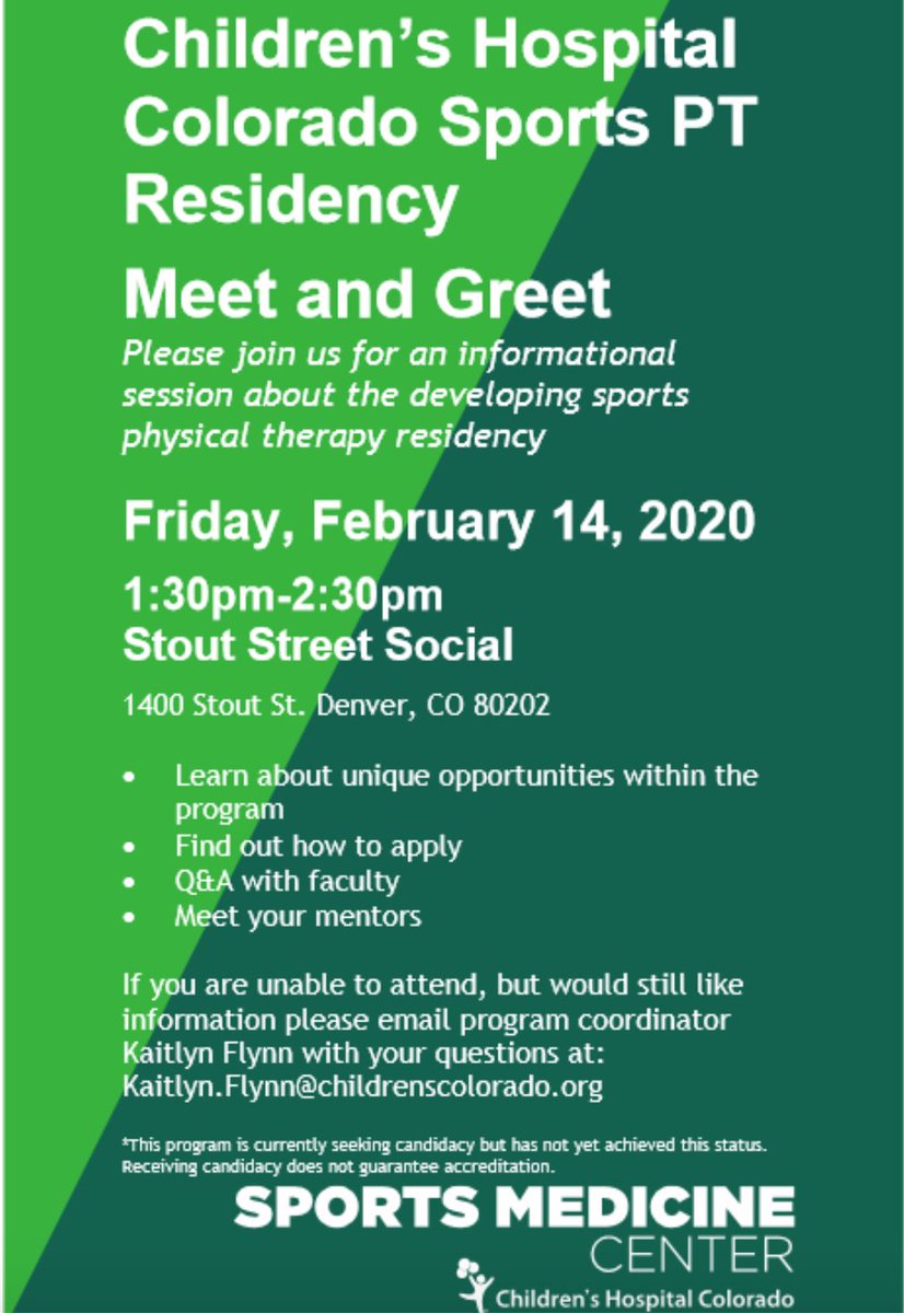 Come meet the faculty and learn about our brand new sports residency at the Children’s Hospital Sports Medicine Center tomorrow, 2/14! #APTACSM #CSM2020