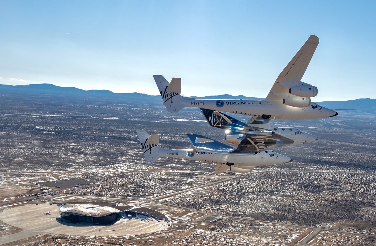 virgingalactic's tweet image. SpaceShipTwo Unity and VMS Eve have landed at the Gateway to Space, Spaceport America, New Mexico. Read about the next steps for Unity's flight test program. virg.in/5Xg