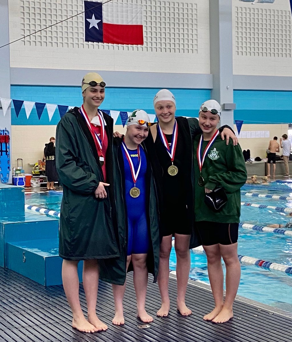HockadayATH's tweet photo. Swimming & Diving earned 2nd place at the SPC Championships! Hockaday earned 5 gold medals. The relay team of Adams, Fisher, Martin & Tchoukaleff won gold in the 200 free (1:37.39) & 400 free (3:31.37) setting Hockaday & SPC records. #HVSW #HVS #SPCchamps #HockadayDifference https://t.co/ISdgqMkU3y