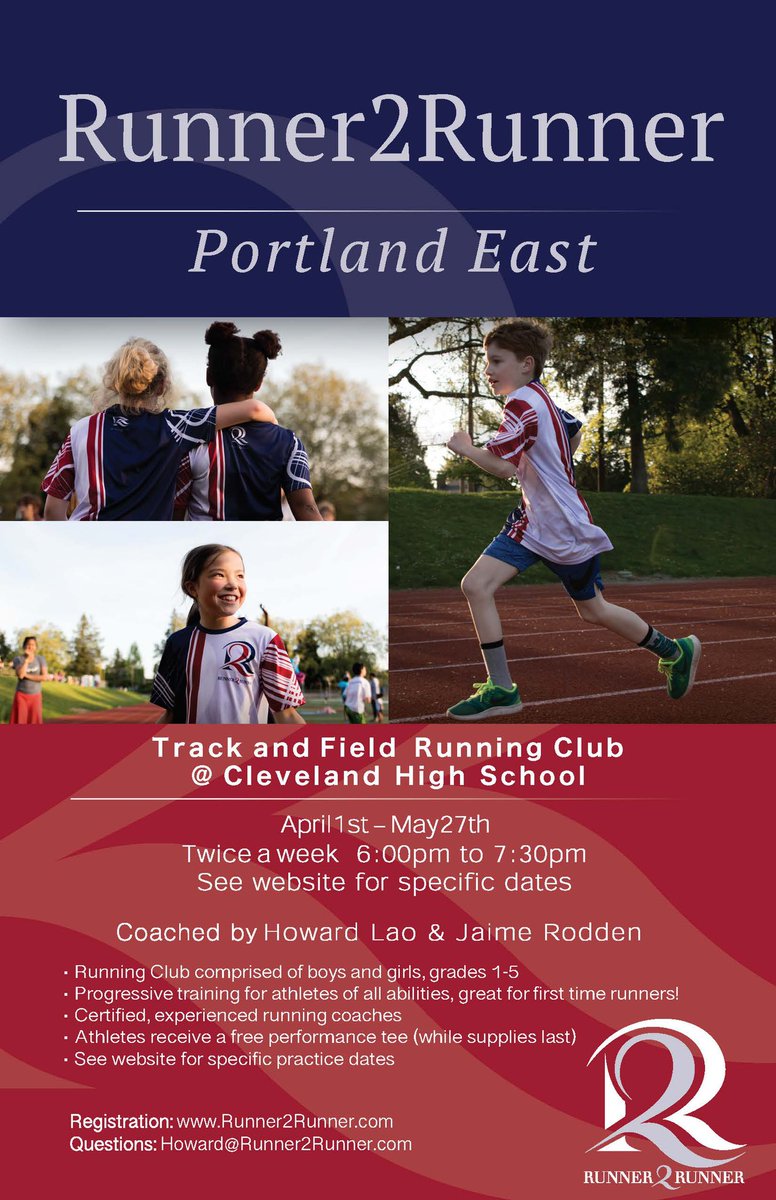 Runner2Runner's tweet image. Track is back!

Registration now open for our Portland East program.

runner2runner.com/registration 

Contact Howard@runner2runner.com for any questions