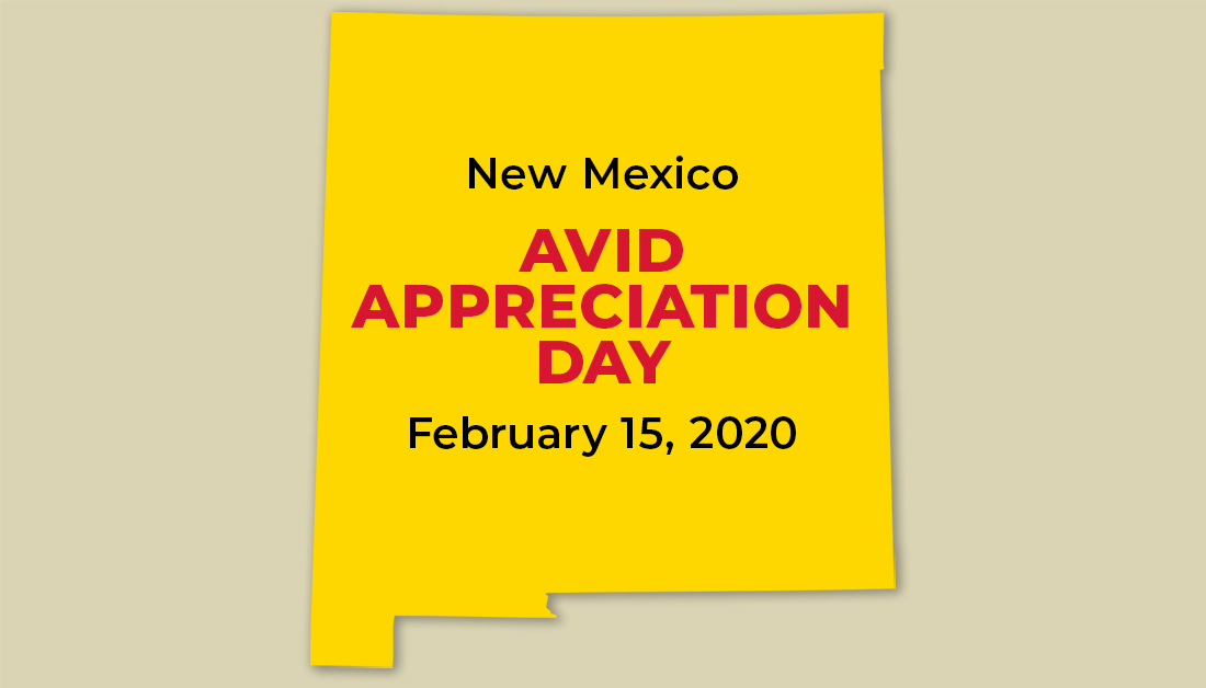 The New Mexico State Legislature has declared February 15 AVID Appreciation Day! If you're part of the #NewMexico #AVIDFamily, please join us Saturday to celebrate! Learn more: bit.ly/2HkQQu3 
#AVIDNM #ThisIsAVID #Education #NM 
<a href="/NMPBS/">New Mexico PBS</a>, you're invited too!
