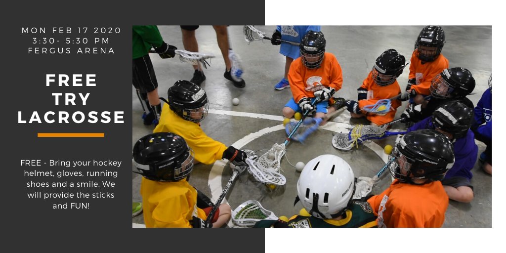 FREE Try Lacrosse 3 0n 3
Bring helmet, gloves, running shoes.
We provide the sticks & FUN!
CURRENT PLAYERS- take part in 3/3

#trylacrosse #trylax #lacrosse #lax #minorlacrosse #minorlax #fergus #elora #cwcommunity
#centrewellington #minorsports  #elorafergus #cwmohawkslacrosse