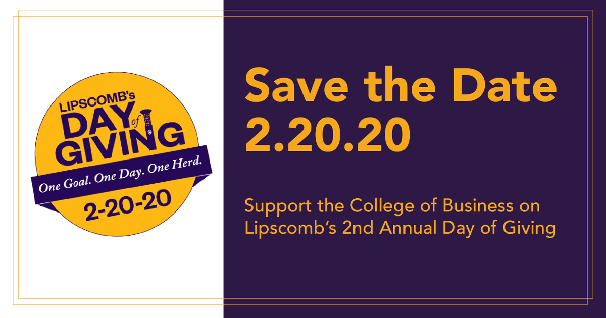 COB Community -- Mark your calendars for the 2020 Day of Giving. 

Last year, the COB had the highest level of participation among Lipscomb colleges, and we want to do the same this year!

Visit bit.ly/37oiWPC to support the College of Business.