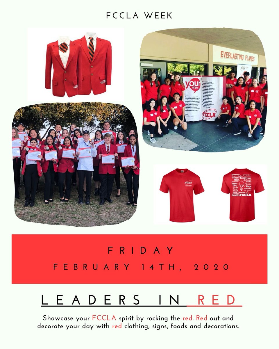 ~FCCLA WEEK~
Friday: Leaders in Red ❤
*make sure to wear red tomorrow and stop by rm 306 at lunch so we all can take a picture together
#fcclaweek #yourstory