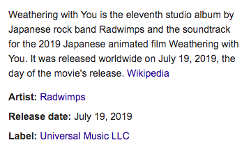 Weathering With You — RADWIMPSRADWIMPS did it again. They've built off the groundwork laid in Your Name's Soundtrack, advancing the themes, even improving in areas. Their music fits Makoto Shinkai's directing style so well that it only made sense to go in this direction.