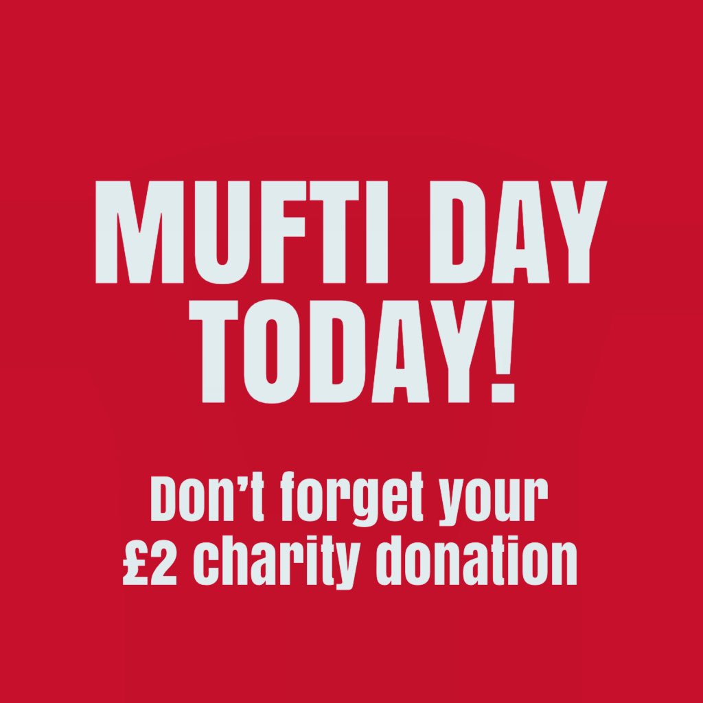 No uniform today! It’s mufti day - don’t forget your £2 donation for our school charities this year. #muftiday