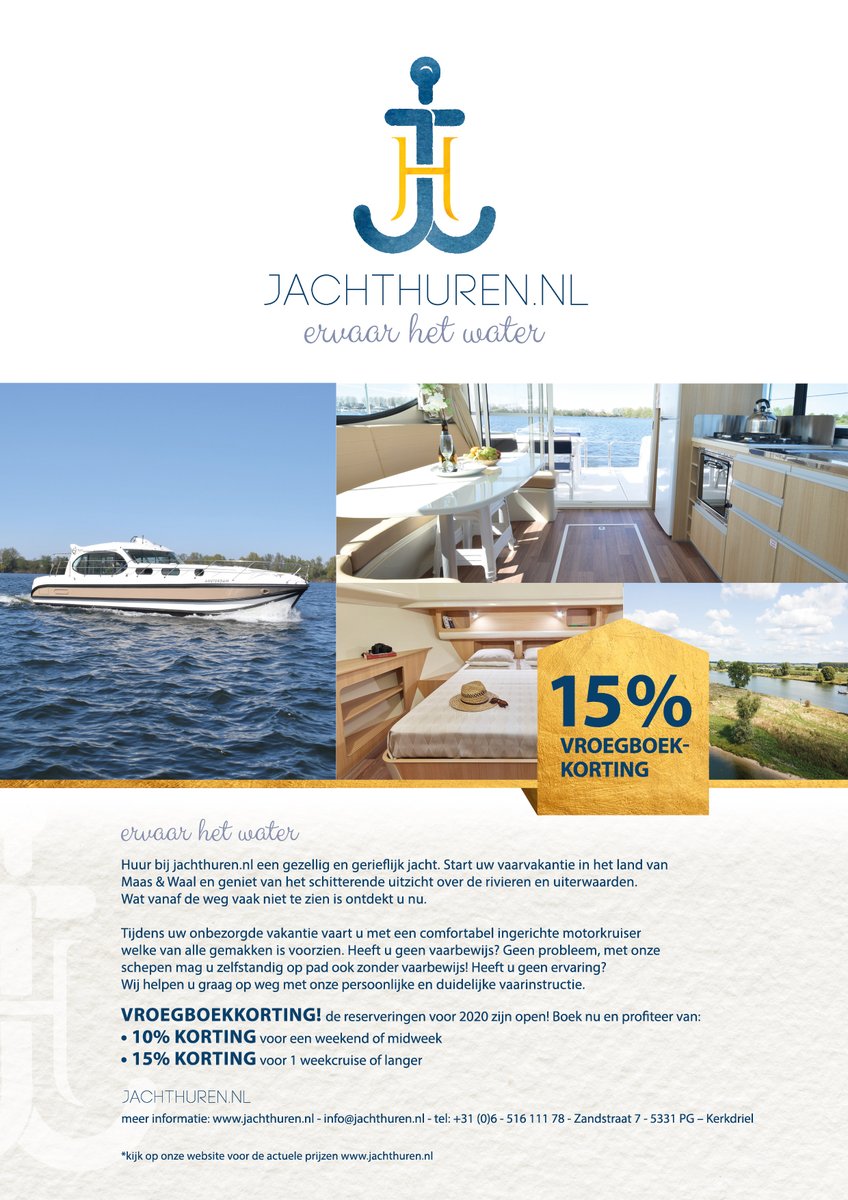 Altijd al een jacht willen varen maar geen zin/tijd om je vaarbewijs te halen? Bij Jachthuren is een vaarbewijs niet nodig maar kun je wel met een gezellig &amp; gerieflijk jacht het water op. In de laatste editie van InfoRegio aanwezig voor meer informatie èn mooie vroegboekkorting.