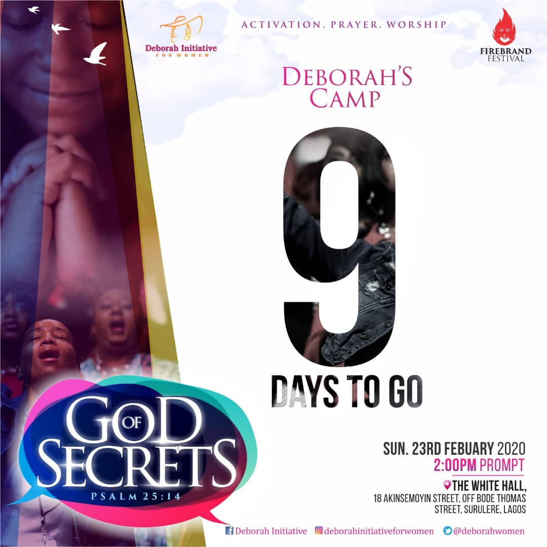 deborahwomen's tweet image. Deborah&apos;s Camp 7.0 is in 9 days, Join us as the Spirit fills us with knowledge to produce the God-kind of results.

Date: Sunday, 23rd February 2020 
Venue: The White Hall Surulere, Lagos State.
Time: 2:00pm

Kindly find the link to register below:
deborahinitiative.org.ng/deborahs-camp-…

#DC7