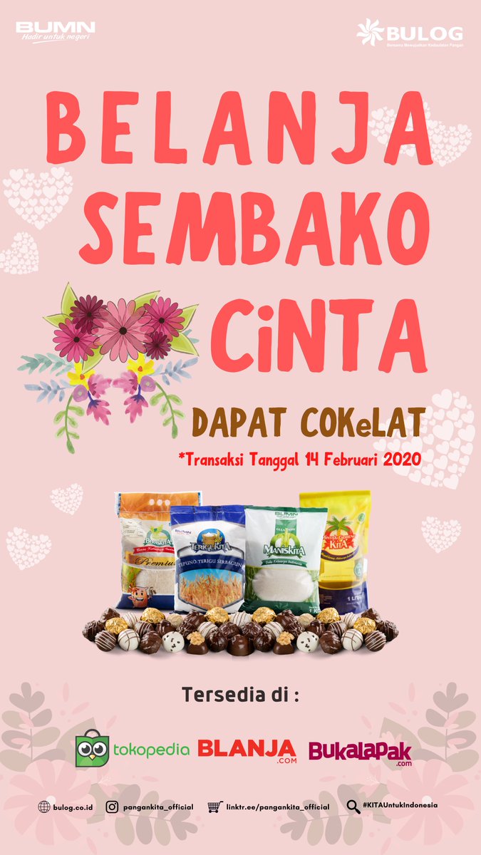 PerumBULOG's tweet photo. BELANJA SEMBAKO CINTA DAPET COKELAT 

Khusus Hari Ini Ajaaaa 

14 Februari 2020

Belanja gak pakai ribet geratis cokelat ❤️ 

tersedia di @tokopedia @bukalapak @blanjacom @ShopeeID 

https://t.co/TWCp1BbBqO

#Panganandotcom #Promo #beras #Sale https://t.co/cm7zOin4lS