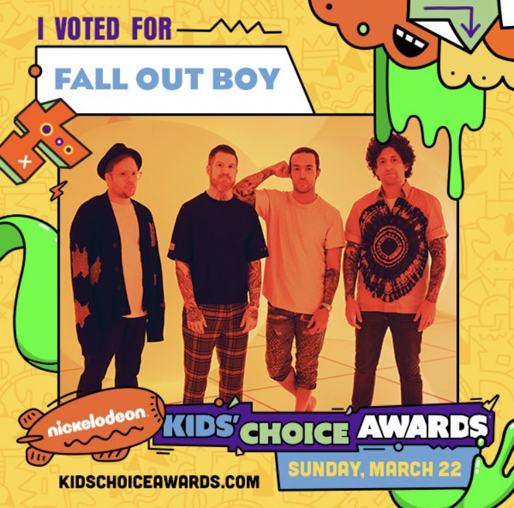 davidjude's tweet photo. Vote for @falloutboy for #bestmusicgroup for the 2020 @Nickelodeon #KidsChoiceAwards. I just voted, and so should u! 💯💜🏆 https://t.co/4LrV2Gx2gl