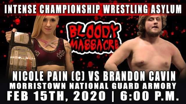 ICWATN's tweet photo. In just two days @RealNicolePain defends her #ICWA Heavyweight title against Brandon Cavin! #BloodyMassacre https://t.co/cyemQlsQeZ