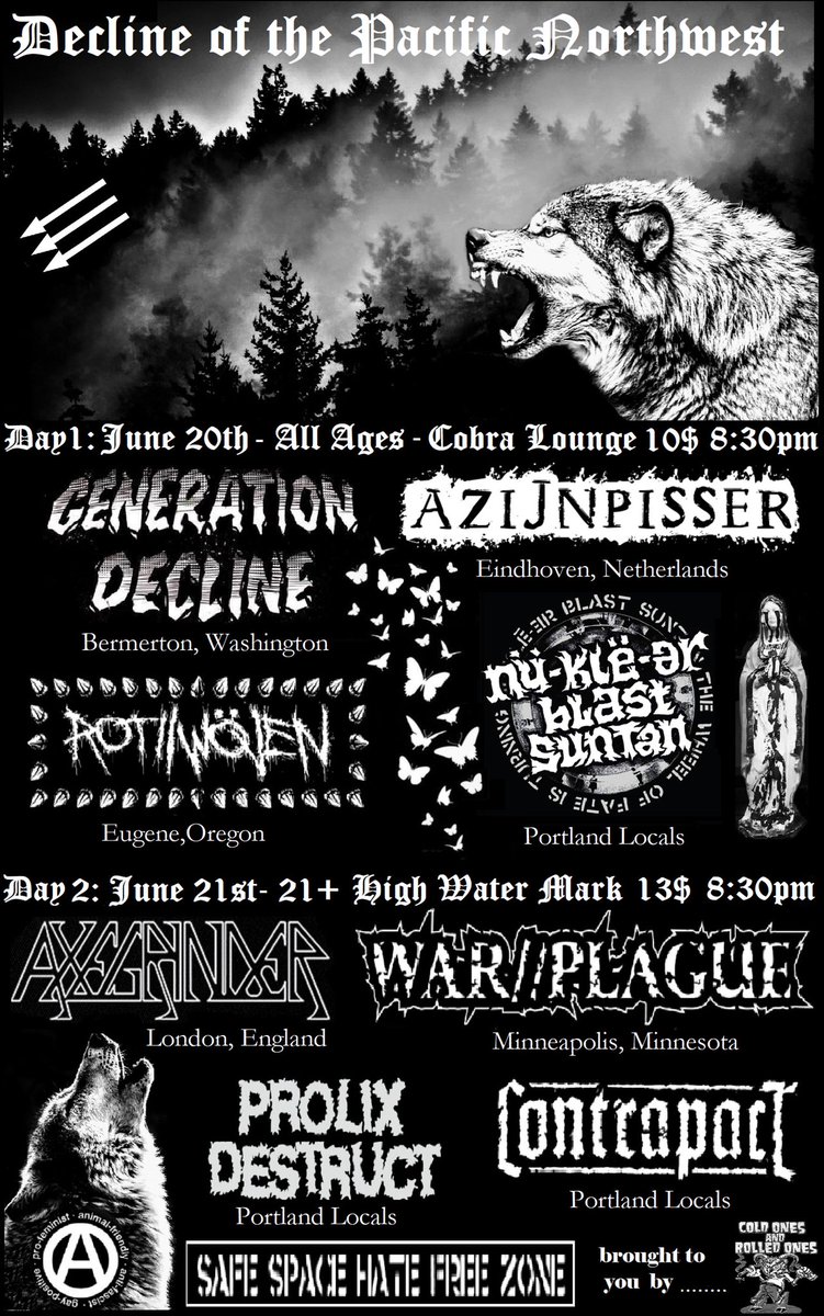 AmiLawless's tweet photo. June 20&21 in Portland OR #crust #punk #diy #punkfamily #axegrinder #warplague #generationdecline #nuklearblastsuntan #rotwoven #contrapact #azijnpisser #prolixdestruct #declineofthepnw https://t.co/MXw0HODsWs