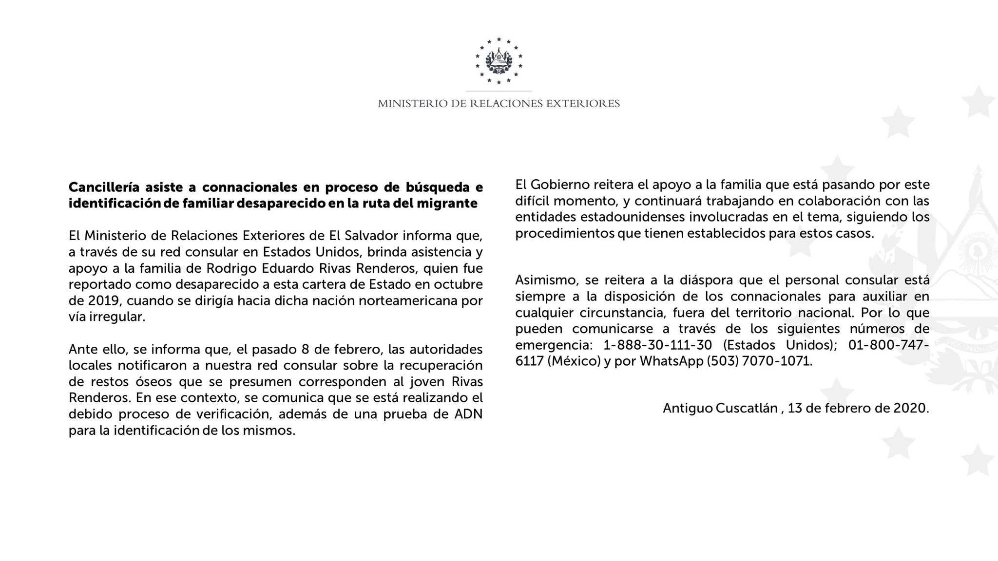 Rree El Salvador على تويتر A Traves De Nuestra Red Consular Asistimos A Connacionales En El Proceso De Busqueda E Identificacion De Familiar Desaparecido En La Ruta Del Migrante T Co Feod3iphnt