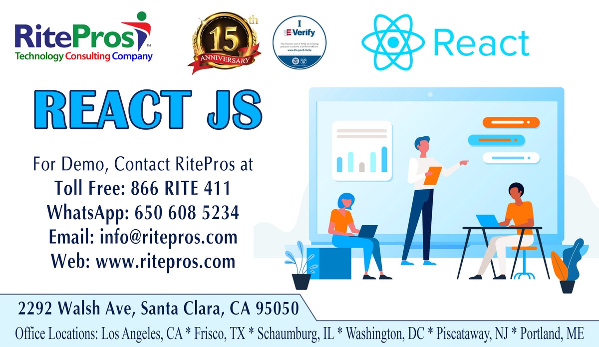 RiteprosInc's tweet image. #React_JS Live Demo Session
Call: 866 RITE 411 (Toll Free Number) or Whats App : 650-608-5234
Address : 2292 Walsh Ave, Santa Clara, CA 95050
@RiteprosInc
ritepros.com
Emaill: info@ritepros.com