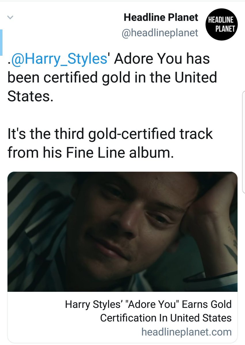 "Adore You" is now officialy GOLD in the USA. ALL harry styles' singles from Fine Line are now certified gold in the USA (even tho Watermelon Sugar does not have a MV), including the album itself.