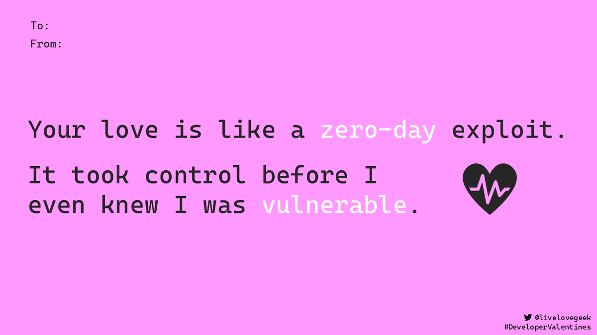 livelovegeek's tweet photo. With @RSAConference coming up, I felt like another #infosec Valentine was needed today. ♥

#DeveloperValentines https://t.co/JnucFGz2WD