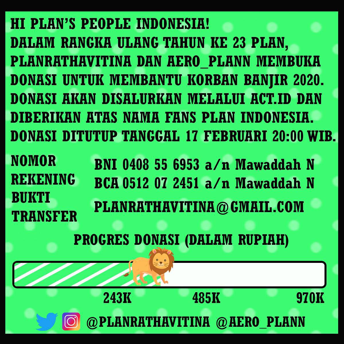 Aero_Plann's tweet photo. Berikut donasi dari #คนของแปลน sampai tanggal 14/02/2020
Dalam rangka ulang tahun #PlanRathavit yang ke 23 tahun, @PlanRathavitINA dan @Aero_Plann membuka donasi atas nama fans Plan Indonesia untuk korban banjir 2020.
Detailnya bisa kalian lihat langsung di gambar di bawah ya 😊 https://t.co/A9oUiDMwz6
