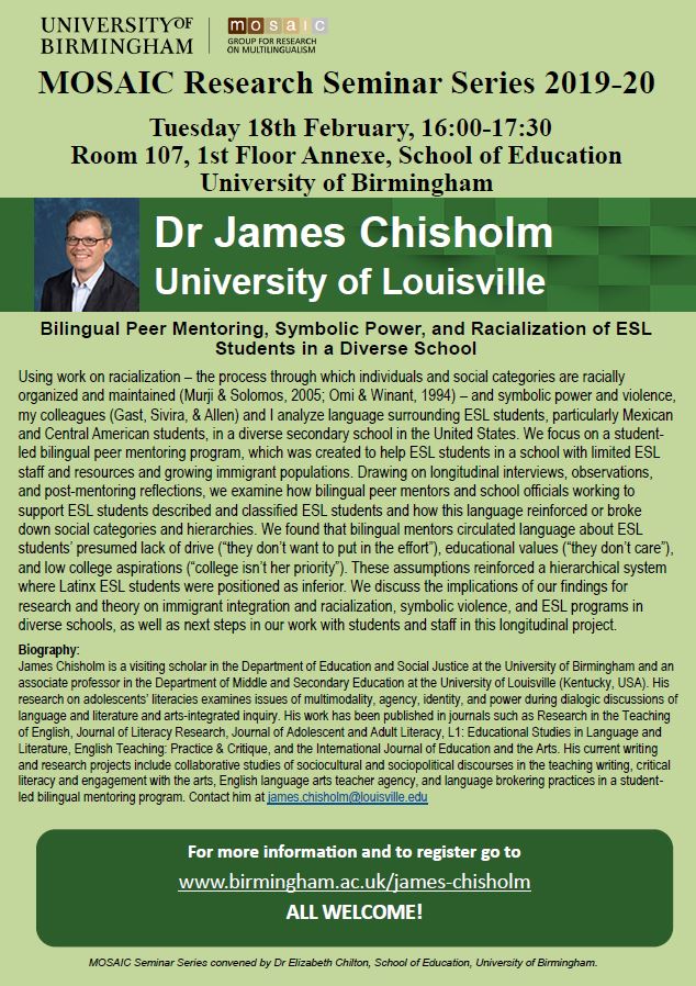 ESJ (@esj_bham) on Twitter photo EVENT
Dr James Chisholm, from <a href="/UofLCEHD/">College of Education</a> will be giving his talk on āBilingual Peer Mentoring, Symbolic Power, and Racialization of ESL Students in a Diverse Schoolā. All welcome! All info and register here: tinyurl.com/tj25jme
<a href="/CoSS_Birmingham/">College of Social Sciences</a> <a href="/unibirmingham/">Uni of Birmingham</a> EVENT
Dr James Chisholm, from <a href="/UofLCEHD/">College of Education</a> will be giving his talk on āBilingual Peer Mentoring, Symbolic Power, and Racialization of ESL Students in a Diverse Schoolā. All welcome! All info and register here: tinyurl.com/tj25jme
<a href="/CoSS_Birmingham/">College of Social Sciences</a> <a href="/unibirmingham/">Uni of Birmingham</a>