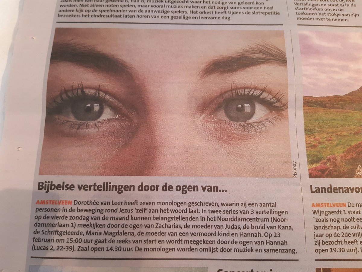 Goed Nieuws in de krant!  
De aankondiging van de 1e ´Bijbelse Vertelling - Door de ogen van...´ in het #AmstelveensNieuwsblad 
deze keer vanuit het oogpunt van Hannah (Luc. 2, 22-39) zondag 23 feb. a.s. om 15.00 uur in <a href="/noorddamcentrum/">Noorddamcentrum</a> 
amstelveensnieuwsblad.nl/deeljenieuws/l…
