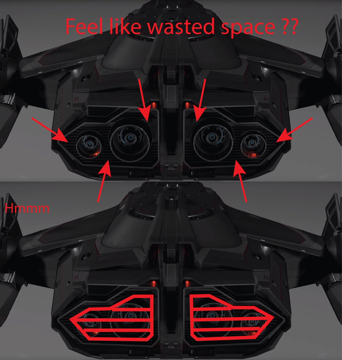 LBOMadness's tweet photo. Ok so i just put together very quick reason why i still dont like the rear of the Carrack, and an my suggested shape change. or make them still a little bigger #StarCitizen #Carrack #GibCarrack https://t.co/OHHAzj4OEY