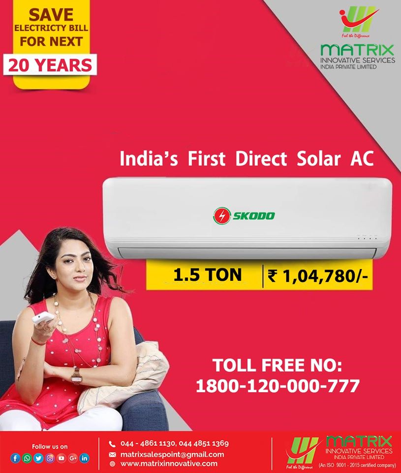 MatrixPrivate's tweet photo. India's First Direct Solar AC 1.5 Ton unbelievable Customer price @ Just Rs 1,04,780/- (Includes Indoor &amp; Outdoor Unit, Solar Panels and Distribution Box)

Contact Us Now for more details ! https://t.co/zVXK3M0zSG