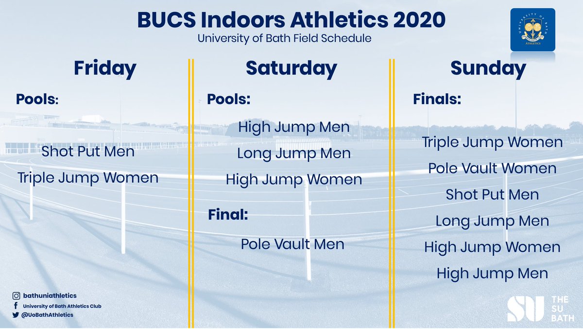 📢📢 WE’RE BACK 📢📢 

After a long winter of training, track is back! Check out the weekend’s schedule for our athletes at <a href="/BUCSsport/">BUCS</a> Indoors Champs!  

Good luck to all those competing! #blueandgold 💙💛 

@TheSUBathSport <a href="/TeamBath/">Team Bath</a>