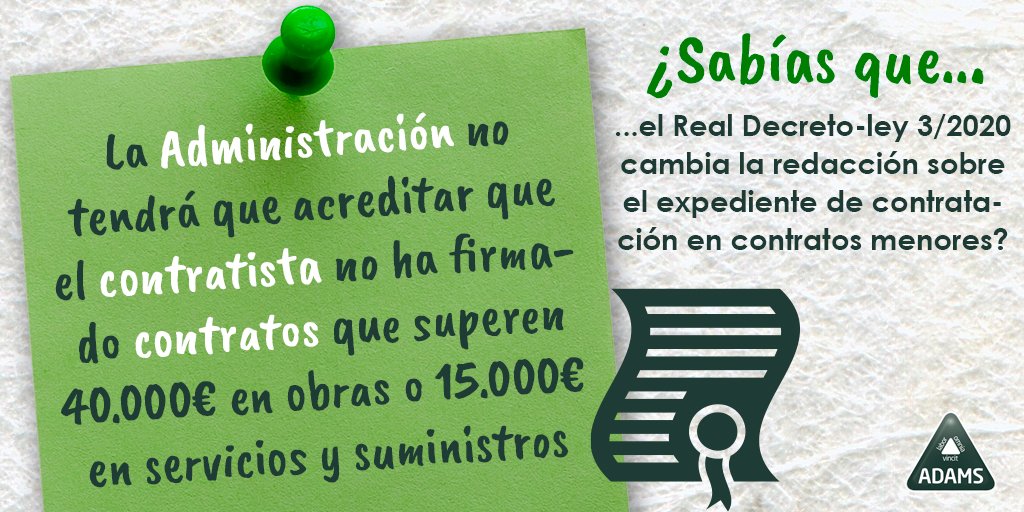 Adamsformacion's tweet image. 🔉 Eliminado el límite anual por contratista en #contratos menores ⚖️ Según el Real Decreto, la Administración ya no tendrá que acreditar que el contratista no ha firmado contratos que superen 40.000€ en obras o 15.000€ en servicios y suministros👉 bit.ly/38sGDaW
