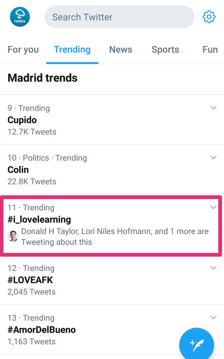 NetexLearning's tweet photo. #i_lovelearning ya es #trending! Y todo gracias a vosotros, tuiter@s y apasionad@s de la #formación y las #tecnologías! ❤️🤗

#i_lovelearning #tendencias #TT #14febrero https://t.co/32aAGqzVHT