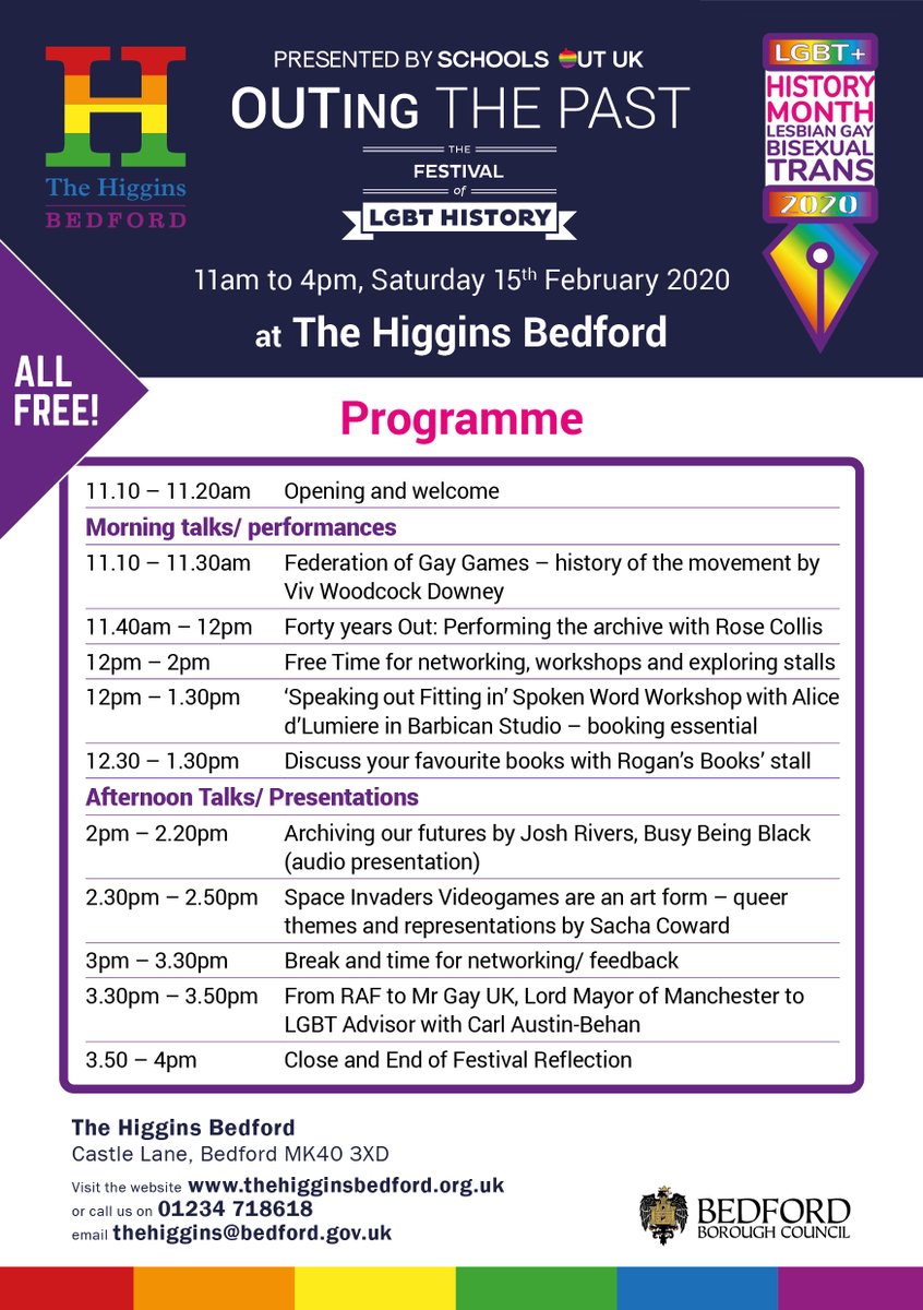 BedfordTweets's tweet photo. The OUTing the Past Festival comes back to @higginsbedford tomorrow, with dynamic speakers and creative workshops, sharing the hidden histories and stories of the LGBT+ community. #LGBTHM2020

Find out more about this free event: https://t.co/yqJyGoQMQ9 https://t.co/8uoTkOdg2W