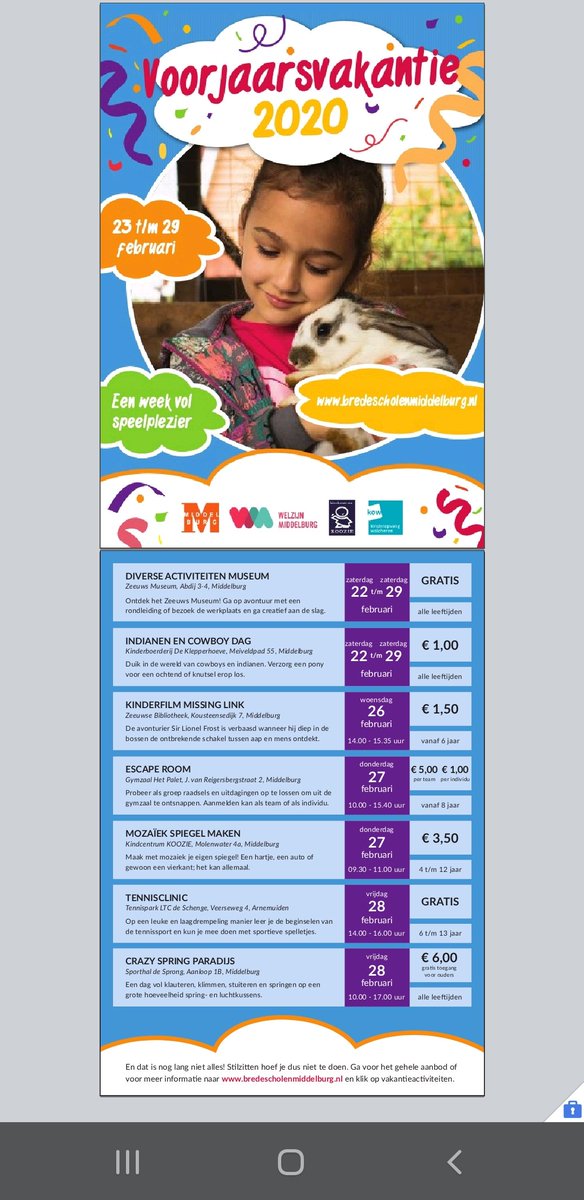 Voorjaarsvakantie 2020 komt eraan met <a href="/koozietweets/">Kindcentrum KOOZIE</a>
<a href="/KOWtweets/">Kinderopvang Walcheren</a> <a href="/Samen_Actief/">Samen Actief</a> <a href="/Gem_Middelburg/">Gemeente Middelburg</a> <a href="/Middel_burgers/">Middelburgers.nl</a> en vele andere (wijk)partners! 
 bredescholenmiddelburg.nl/locaties/vakan…