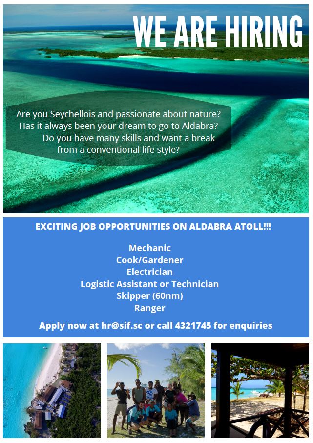 SIF_Seychelles's tweet photo. We're hiring! Contact hr@sif.sc or call 4321745 to apply for any of these wonderful #employment opportunities on #Aldabra #Jobs #careers https://t.co/l5UGHvTENF